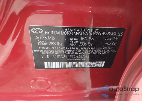 2018 Hyundai Elantra Sel z USA, uszkodzony, nr VIN 5NPD84LF7JH357195